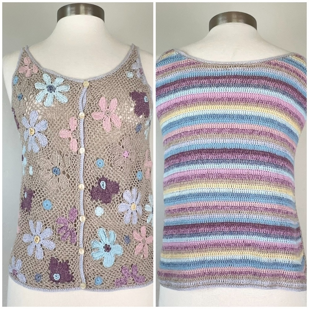 Vintage Boho Hippie Fairy Crochet Vest Sz Small Pastel Rainbow Floral Open Knit